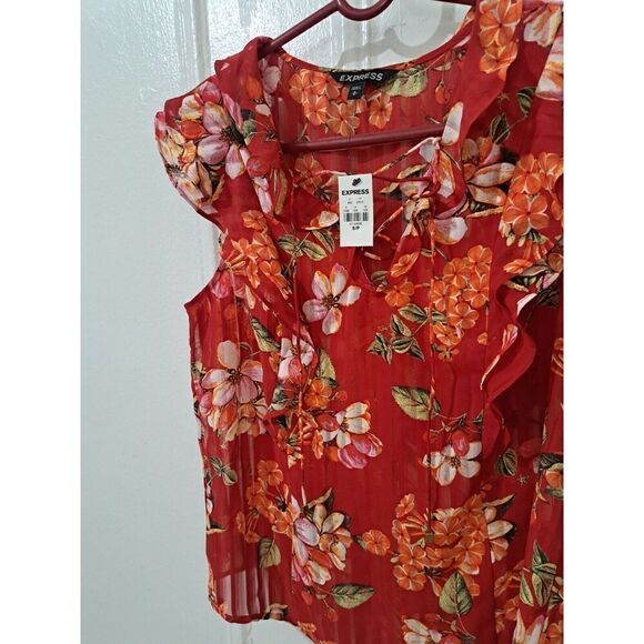 Express Womens Small Top Red Orange Flutter Sleeve Blouse Floral - Picture 3 of 8